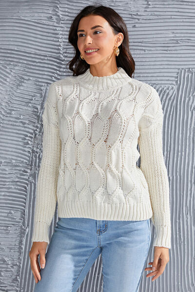 Cable-Knit Mock Neck Long Sleeve Sweater