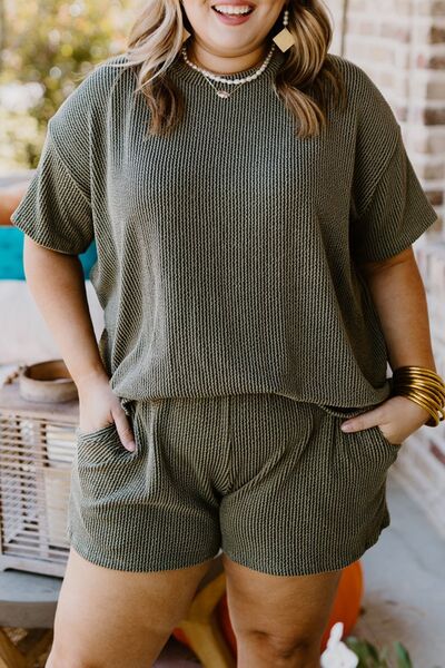 Plus Size Round Neck Top and Pocketed Shorts Set